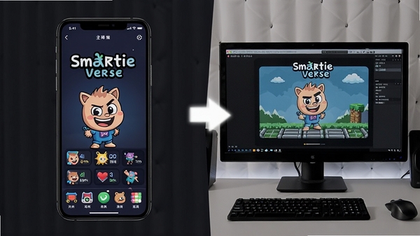 Smartie Verse在手机与电脑模拟器上的运行对比图,左侧手机展示主界面,右侧电脑模拟器展示相同界面,突出多端适配能力
