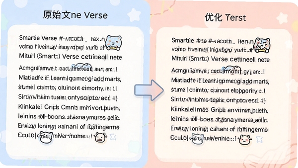 Smartie Verse文本润色功能演示,左侧为原始文本,右侧为优化后文本,中间有箭头表示转换过程,界面配色柔和