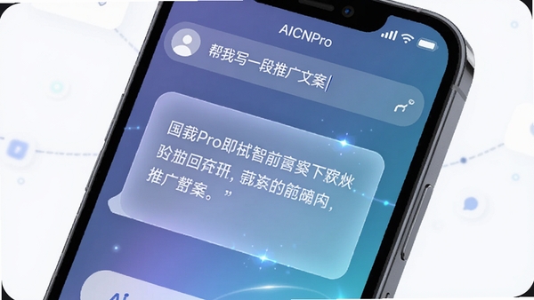 AICNPro智能对话界面展示,手机屏幕特写,显示用户输入“帮我写一段推广文案”后,AI迅速生成一段精美的文字回复,界面简洁,色彩柔和,带有科技感光效