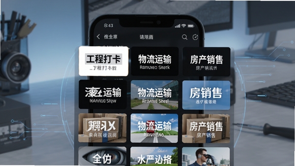 水印相机定位修改软件界面展示,手机屏幕上显示丰富的水印模板库,包含工程打卡、物流运输、房产销售等多种行业模板,界面简洁清晰,现代科技感风格