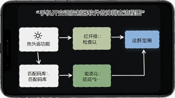 手机开空调控制器软件故障排查流程图,展示从检查红外功能到匹配码库的步骤,画面简洁明了