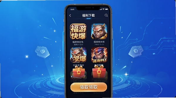 福游快爆游戏福利平台主界面展示,手机屏幕中显示多款热门手游图标与礼包领取按钮,背景为科技感蓝色渐变,突出福利聚合与游戏下载功能