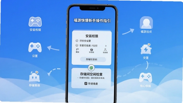 福游快爆新手操作指引界面,手机屏幕显示安装权限设置步骤与存储空间检查提示,背景为简洁的蓝色渐变与图标示意