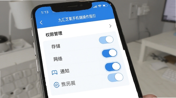 九汇芝氧手机端操作指引示意图,画面展示手机屏幕中设置页面的权限管理选项,包含存储、网络、通知等开关按钮,界面简洁明了,色调以蓝白为主,突出操作便捷性