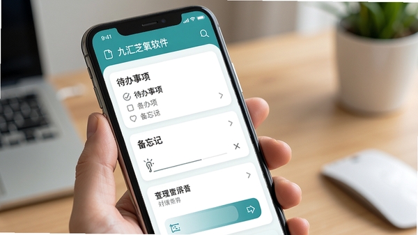 九汇芝氧软件界面展示,手机屏幕中呈现清晰的信息管理列表,包含待办事项、备忘录等卡片式布局,界面配色以蓝绿色调为主,简洁清爽,突出便捷操作体验