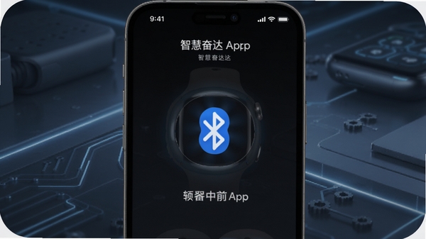 智慧奋达App设备连接界面,手机与智能手表配对中,蓝牙图标闪烁,背景简洁科技感
