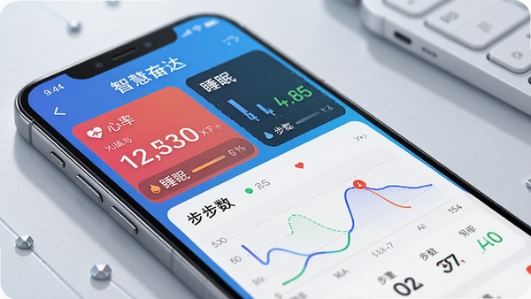 智慧奋达App健康数据看板界面,展示心率、睡眠、步数等图表,手机屏幕清晰明亮,现代科技风格