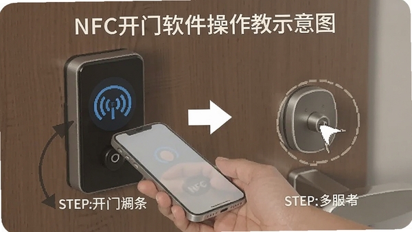 NFC�������������̳�ʾ��ͼ���ֻ�NFC��Ӧ����׼�Ž���������ˢ�����ų�����������˵Ĳ���ָ��ͼ