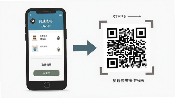 贝瑞咖啡操作指南示意图,手机屏幕显示订单页面和取餐二维码,旁边有箭头标注操作步骤,简洁扁平化风格