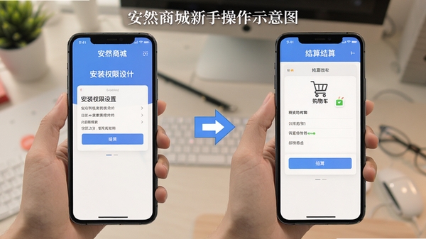 安然商城新手操作示意图,手机屏幕显示安装权限设置和购物车结算页面,带有步骤箭头标注