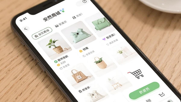 安然商城APP界面展示,手机屏幕中显示商品分类和购物车页面,清新简约的电商风格,带有安然商城文字标识