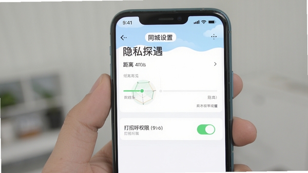 同城探遇APP隐私设置界面截图,展示距离可见范围和打招呼权限开关,手机屏幕清晰,背景简洁