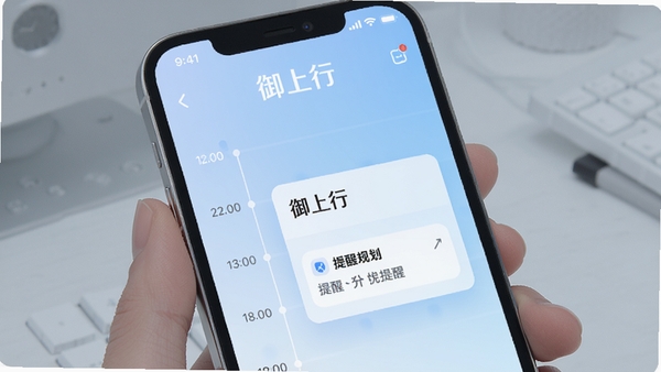 御上行智能行程规划提醒功能界面,手机屏幕上显示日程时间轴与提醒通知卡片,背景为淡蓝色渐变,突出“御上行”品牌标识,现代科技感UI设计