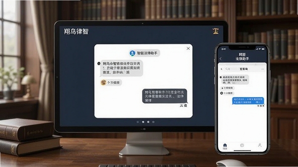 翔鸟律智软件界面展示,简洁明了的法律咨询问答窗口,背景是书房环境,手机屏幕上显示智能法律助手对话界面,整体色调专业沉稳