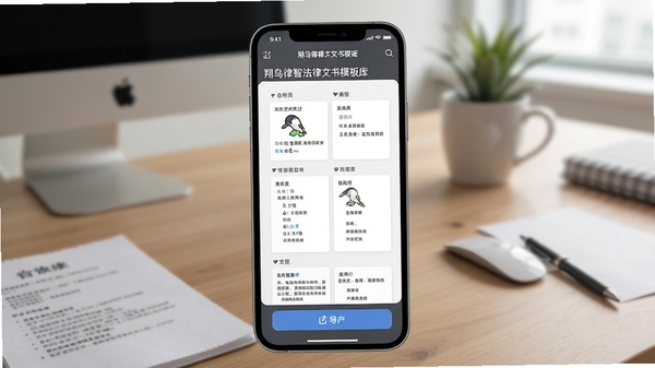 翔鸟律智法律文书模板库界面,展示各类合同与协议模板分类,手机屏幕显示文档编辑与导出按钮,背景是办公桌面