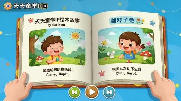 ����ͯѧHD�汾�����Ķ����棬չʾ�����Ĺ�����ҳ�棬�п�ͨ��ͼ�����֣��ײ��в��ſ��ư�ť