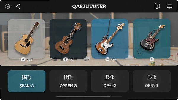 QABILTUNER多乐器调弦预设选择界面,展示吉他、尤克里里、贝斯等图标,以及降半音、开放G等调弦选项,界面清晰易操作