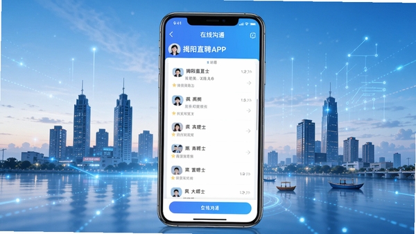 揭阳直聘APP界面展示,手机屏幕中显示岗位列表与在线沟通窗口,界面简洁明亮,突出本地招聘特色,背景为揭阳城市剪影,科技感与生活感融合