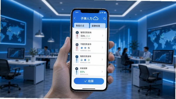 �ӵ�������APP����չʾ�������񷢲���н����㹦�ܣ��ֻ���Ļ��ʾ�����б��ͽ��㰴ť������Ϊ�ִ��칫�������Ƽ�����ɫ��