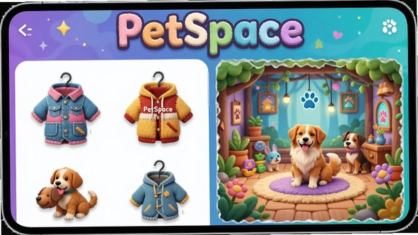 PetSpace个性化装饰界面展示,包含多种宠物服饰和场景主题,画面色彩丰富,突出PetSpace软件名称