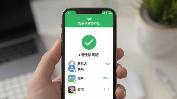 �����ֻ�app������ɽ��棬��ʾ����Ǩ�Ƴɹ����棬������ϵ�ˡ���Ƭ��Ӧ�õ�Ǩ������ͳ�ƣ���ɫ�Թ�ͼ�꣬�����Ѻ�