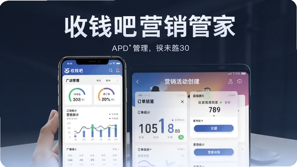 收钱吧营销管家APP官方宣传图,展示手机界面中门店管理、订单统计与营销活动创建功能,整体风格简洁专业,突出商户移动经营场景