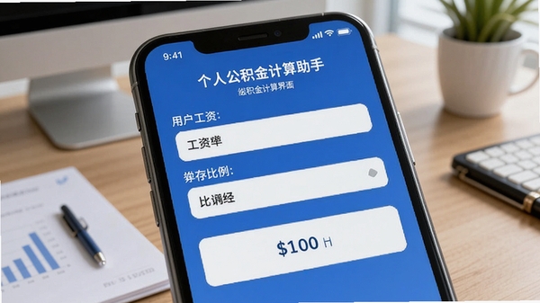 个人公积金计算助手缴存计算界面,用户输入工资和比例后显示缴存结果,手机屏幕特写,蓝色调界面,办公桌面背景