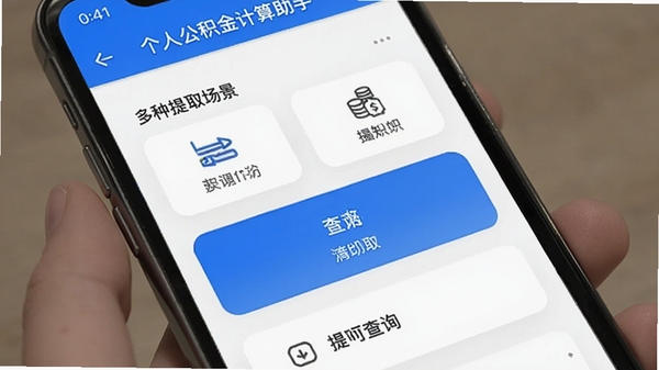 个人公积金计算助手提取条件查询页面,展示多种提取场景选项,手机屏幕截图风格,简洁图标设计,蓝色高亮选中状态