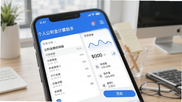 个人公积金计算助手软件界面展示,手机屏幕显示公积金缴存明细和贷款计算器功能,简洁清爽的UI设计,蓝色主色调,现代办公风格