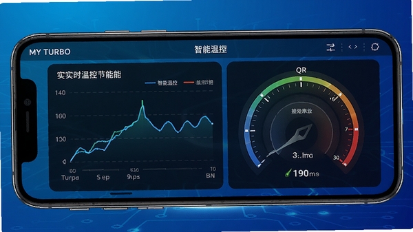 My Turbo软件主界面展示,手机屏幕显示实时温度监测曲线与性能调度仪表盘,背景为科技感蓝色渐变,突出智能温控与节能主题