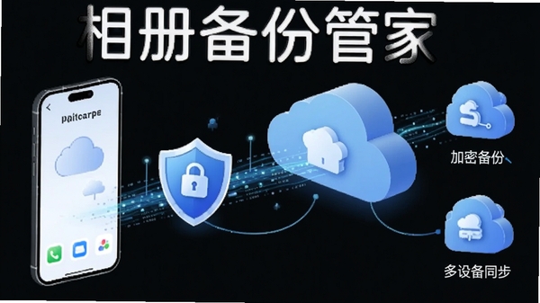 相册备份管家云端安全存储概念图,手机与云朵图标之间用盾牌和数据流连接,体现加密备份与多设备同步,画面带有软件名称相册备份管家