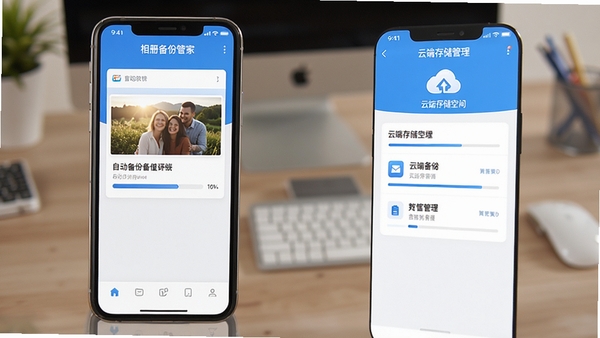 相册备份管家软件界面展示,手机屏幕显示照片自动备份进度条与云端存储空间管理面板,简洁清新的蓝色调UI设计