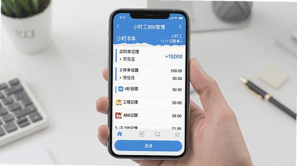 小时工888记账软件界面展示,手机上显示多账本管理页面,简洁清晰的工时记录列表,蓝色主色调,现代扁平化设计风格