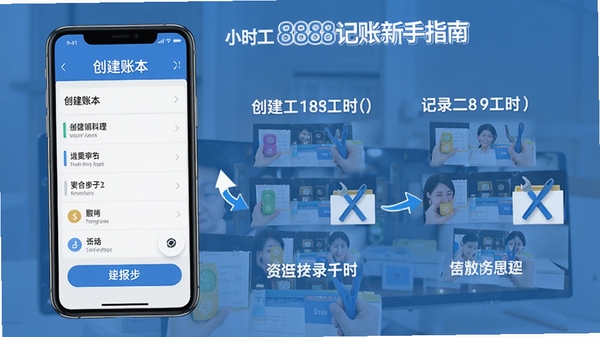 小时工888记账新手指南示意图,手机屏幕展示创建账本和记录工时的操作步骤,简洁明了的教程风格,蓝色和白色配色