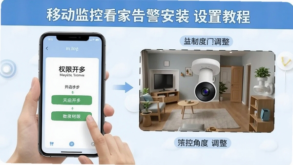 移动监控看家告警安装设置教程示意图,手机屏幕显示权限开启步骤和监控角度调整画面,新手教学场景