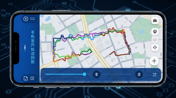手机定位追迹找人软件轨迹回放功能界面截图,地图上显示彩色轨迹线条,时间轴选择器,蓝色主题UI,手机屏幕展示,科技感设计