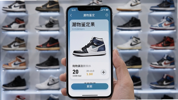 潮物鉴定真假软件界面展示,手机屏幕上显示球鞋鉴别结果页面,背景为潮流球鞋墙,风格简洁科技感