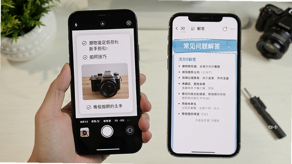 潮物鉴定真假新手操作指引界面,手机屏幕显示拍照技巧提示和常见问题解答页面,风格清新简洁