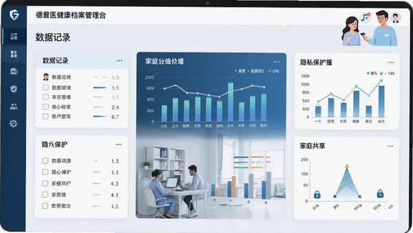 德鲁医健康档案管理界面,展示数据记录卡片与图表,突出隐私保护与家庭共享功能