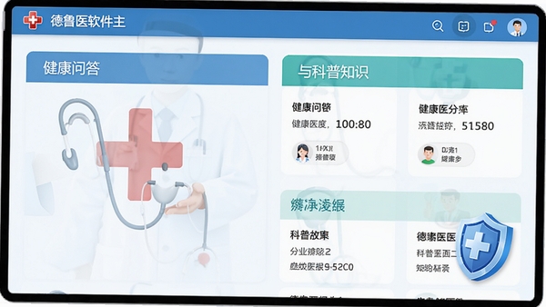 德鲁医软件主界面截图,展示健康问答与科普知识分类,画面明亮整洁,带有医疗十字与盾牌元素,体现安全与专业