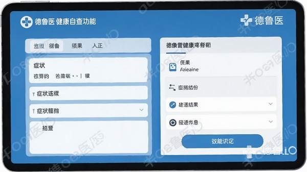 德鲁医健康自查功能界面,展示症状选择与结果列表,界面设计简洁,带有德鲁医logo水印