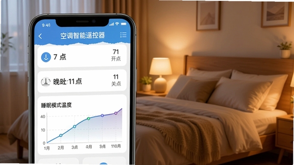 �յ�����ң������ʱ���ý��棬�ֻ���Ļ��ʾ��ʱ�����б�����������7�㿪��������11��ػ���˯��ģʽ�¶�����ͼ������Ϊ��ܰ���һ��������ů�⣬����չʾ�������ƿյ�����ң����