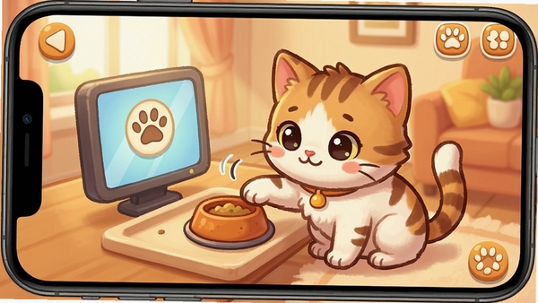 养宠物游戏手机界面中一只可爱的小猫正在等待喂食,卡通风格,温暖色调,游戏UI清晰可见