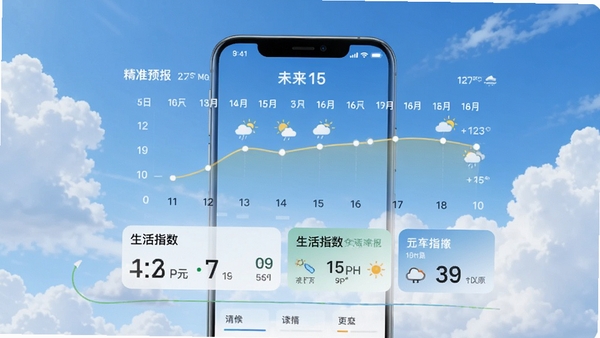 15天准确天气预报软件界面展示,手机屏幕显示未来15天天气趋势图与生活指数卡片,背景为清新蓝天白云风格,突出精准预报与简洁设计