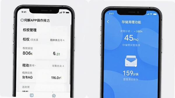 何解APP移动端操作界面截图,展示权限管理页面与存储清理功能,手机屏幕清晰显示各项数据指标,界面风格简洁明快