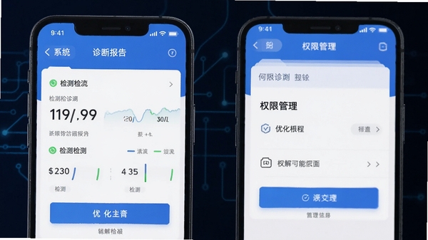 何解软件功能界面展示图,手机屏幕显示系统诊断报告与权限管理面板,界面简洁现代,蓝色科技感配色,清晰展示各项检测指标与优化按钮