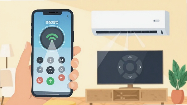 万能遥控器APP操作教程示意图,手机对准空调按下遥控按钮,屏幕显示匹配成功界面,简洁明快的扁平化插画风格