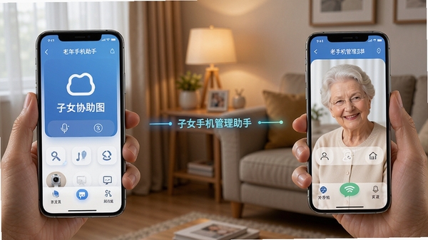 老年手机管理助手远程协助界面展示,子女手机与父母手机连接画面,科技感与温情并存