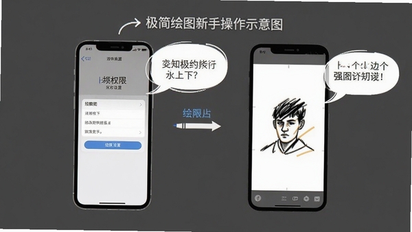 极简绘图新手操作示意图,手机屏幕显示权限设置界面和绘图界面切换,旁边有提示文字气泡,整体风格简洁清晰
