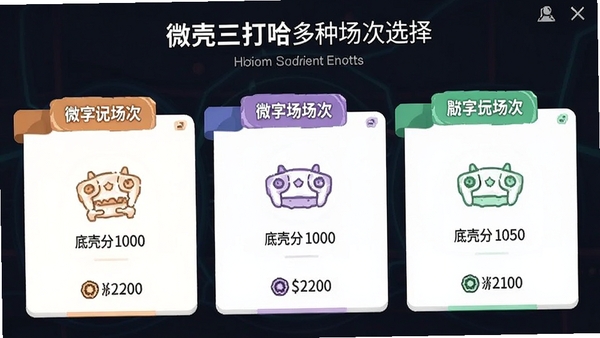 微壳三打哈多种场次选择界面,展示不同级别场次入口,每个场次配有不同颜色的标签和底分说明,界面清晰直观